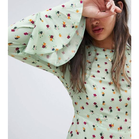 ASOS Fluted Long Sleeve Ruffle Hem Mini Dress Size 14 - Picture 9 of 16